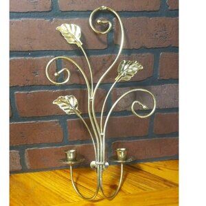 Vtg Homco Brass Sconce candle holder double Leaf & Scroll w/patina Gold tone EUC